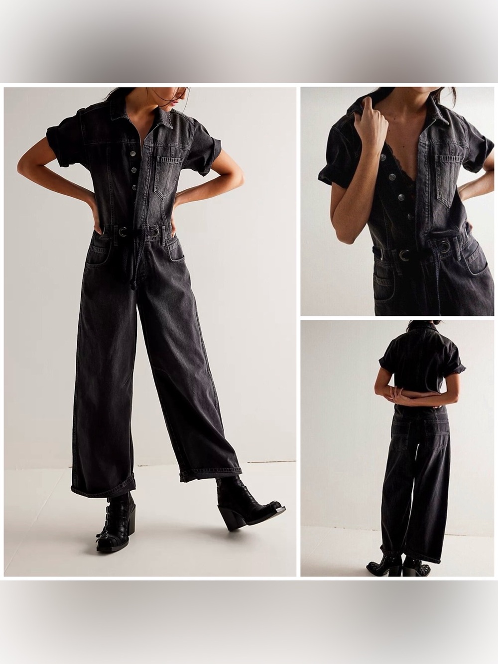 NWOT Free People We The Free Edison Wide-Leg Coverall - Nightlite black - Medium